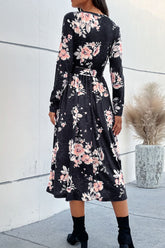 Floral Belted Long Sleeve Surplice Midi Dress
